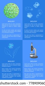 Biology courses informative Internet pages with modern microscope, molecule and plant leaves and flower in zoom vector illustrations.