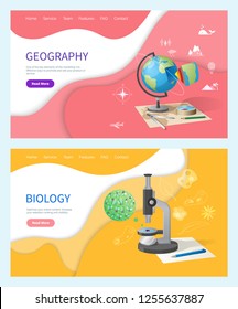 Biology Discipline In School, Geography Subject Vector. Globe Model Of Planet Earth, Population And Compass Signs. Microorganism Research Discovery