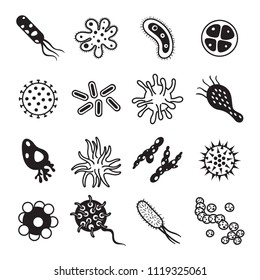 Biology Diseases Virus And Mold Bacteria Hygiene Icon. Biological Disease Mold Hiv Virus Cell Organism Symbol And Pandemic Immune Infection Or Microscopic Pollen Black Isolated Icons Flat Vector Set