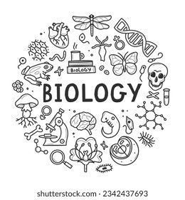 Biology doodle set. Collection of black and white hand drawn elements science biology circle shape. Vector illustration isolated on a white background