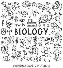 Biology doodle set. Collection of black and white hand drawn elements science biology. Vector illustration isolated on a white background