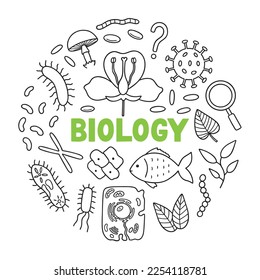 Conjunto de doodles de biología. Concepto de educación y estudio. Equipo escolar, virus, bacterias al estilo de boceto. Ilustración vectorial dibujada a mano aislada en fondo blanco