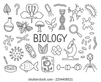 Conjunto de doodles de biología. Concepto de educación y estudio. Equipo escolar, virus, bacterias al estilo de boceto. Ilustración vectorial dibujada a mano aislada en fondo blanco