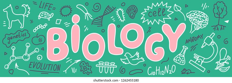 Biología. Doodles de biología con letras. Ilustración vectorial.