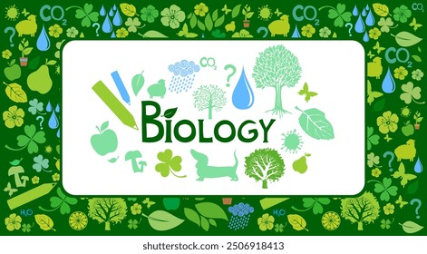 Biology . Education and study concept. Science. Biology colorful illustration with doodle icons, biological images and objects. Colorful kid chirldren education concept. Presentation, website. 