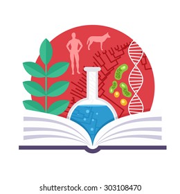 Biology emblem with a book, a green plant, DNA and tree of evolution