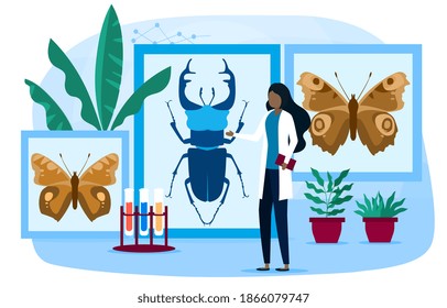 Biology and entomology abstract concept. Botany, zoology, entomology. Woman scientist exploring nature. Idea of education and experiment. Cartoon flat vector illustration isolated on white background