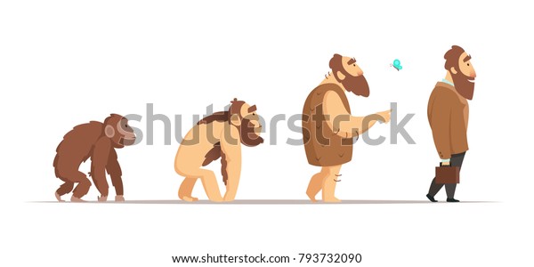 Biology evolution of homo sapiens. Vector\
characters in cartoon style. Biology human and neanderthal man,\
animal monkey progress\
illustration