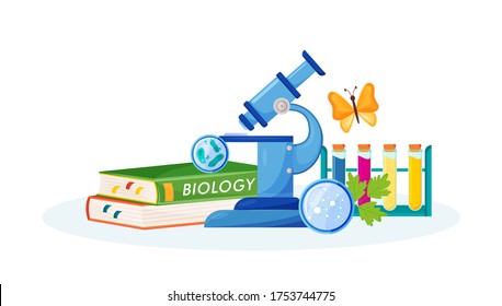 Biology Flat Concept Vector Illustration. School Subject. Lab Analysis. Natural Science Metaphor. Practical Class. University Course. Student Textbook And Laboratory Items 2D Cartoon Objects