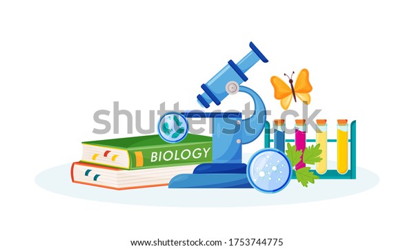 Biology flat concept vector illustration. School\
subject. Lab analysis. Natural science metaphor. Practical class.\
University course. Student textbook and laboratory items 2D cartoon\
objects