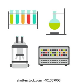 Biology flat icons. Biology laboratory workspace and science equipment