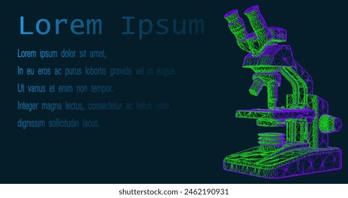 Biology. Futuristic low poly microscope image consisting of glowing lines, triangles isolated on a dark blue background. Modern frame design. Vector illustration