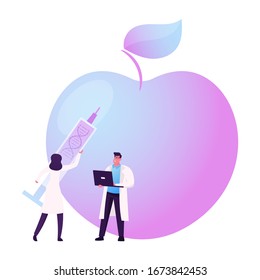 Biology Genome Engineering, Agricultural Genetics Technologies Concept. Scientists Characters with Laptop and Syringe with Dna near Huge Genetically Modified Apple. Cartoon People Vector Illustration