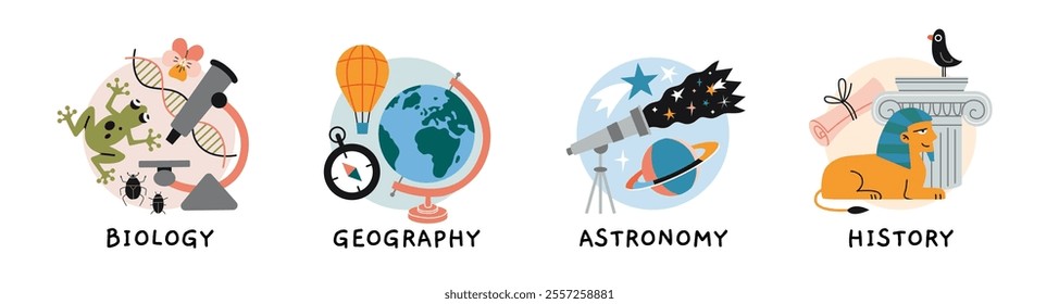 Biology, Geography, Astronomy and History lesson at school, education concept. Round icon with attributes of natural and humanities sciences. Trendy modern vector illustration, hand drawn, flat