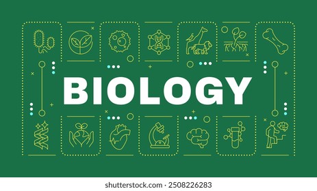 Conceito de palavra verde de biologia. Matéria escolar. Anatomia humana. Genética. Microbiologia Imagem vetorial horizontal. Texto do título delimitado por ícones de estrutura de tópicos editáveis