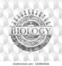 Biology grey emblem with geometric cube white background