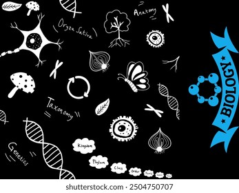 Biology. Hand drawn doodles with lettering. Education, science vector on black background.