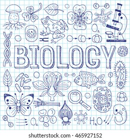 Biology Hand Drawn Vector Illustration With Doodle Icons, Biological Images And Objects, Isolated On Exercise Book Sheet.