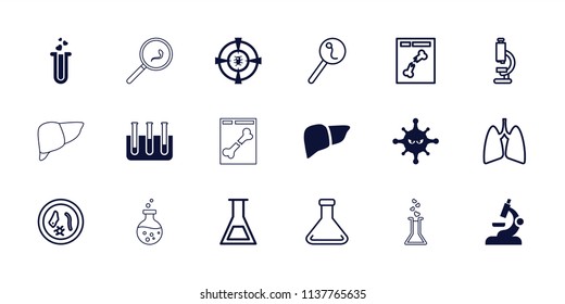 Biology icon. collection of 18 biology filled and outline icons such as liver, bacteria, heart test tube, test tube, microscope. editable biology icons for web and mobile.