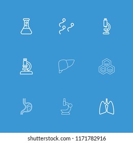 Biology icon. collection of 9 biology outline icons such as microscope, test tube, lungs, sperm, chemical structure, stomach. editable biology icons for web and mobile.