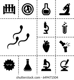 Biology icon. set of 13 filled biologyicons such as microscope, heart organ, bacteria, heart test tube, test tube, sperm, broken leg or arm