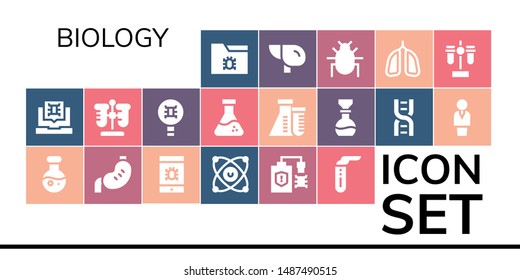 biology icon set. 19 filled biology icons.  Collection Of - Virus, Science, Stomach, Molecules, Test tube, Flask, Dna, Chemist, Liver, Parasite, Lungs