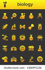 biology icon set. 26 filled biology icons.  Collection Of - Flask, Test tube, Virus, Parasite, Grasshopper, Microscope, Bones, Bone, Dna, Proteins, Petri dish, Mosquito, Organ