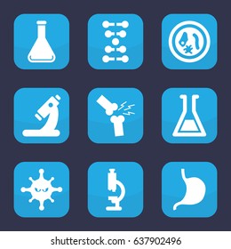 Biology icon. set of 9 filled biology icons such as microscope, stomach, bacteria, test tube, broken leg or arm, dna