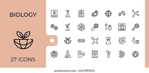 Biology icon set. Includes icons for biology, molecule, structure, bulb, gene, microscope, medical, nature. Minimalistic icon. Editable stroke. Vector illustration.