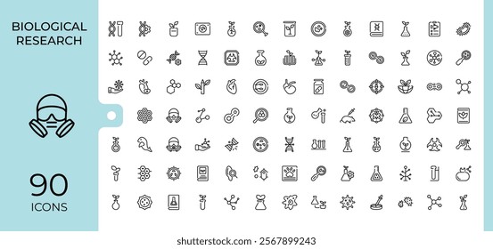 Biology icon set. Includes icons for biology, molecule, structure, bulb, gene, microscope, medical, nature. Minimalistic icon. Editable stroke. Vector illustration.