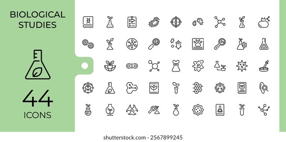 Biology icon set. Includes icons for biology, molecule, structure, bulb, gene, microscope, medical, nature. Minimalistic icon. Editable stroke. Vector illustration.