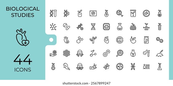 Biology icon set. Includes icons for biology, molecule, structure, bulb, gene, microscope, medical, nature. Minimalistic icon. Editable stroke. Vector illustration.