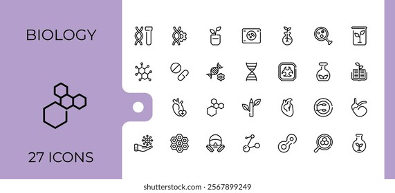 Biology icon set. Includes icons for biology, molecule, structure, bulb, gene, microscope, medical, nature. Minimalistic icon. Editable stroke. Vector illustration.