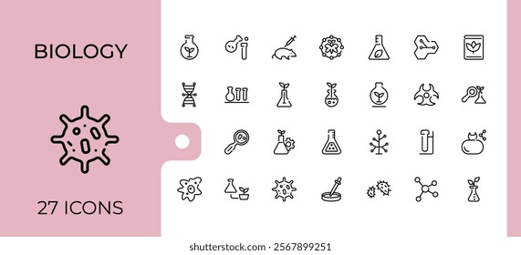 Biology icon set. Includes icons for biology, molecule, structure, bulb, gene, microscope, medical, nature. Minimalistic icon. Editable stroke. Vector illustration.