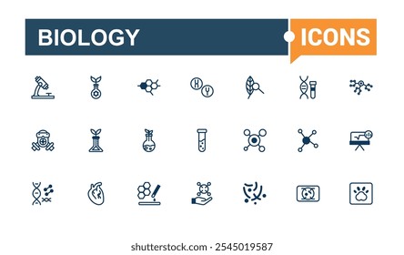 Conjunto de ícones de biologia. Inclui química de linha fina, vetor, estrutura, conjunto, dna, microscópio, experimento e muito mais. Coleção para aplicativos móveis e Web. Traçado vetorial editável.