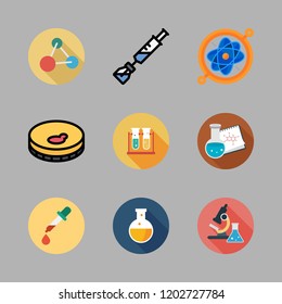 biology icon set. vector set about molecules, pipette, syringe and test tubes icons set.