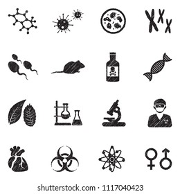 Biology Icons. Black Scribble Design. Vector Illustration.
