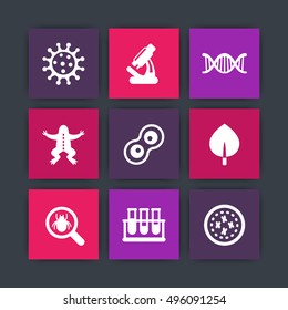 Biology icons, cell, microscope, test-tubes, virus, genetics