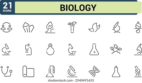 Biology icons in linear style. Includes thin line genomics, genome, microscope, line, research, technology and more. Perfect for logos and infographics. Editable stroke. Vector illustration.