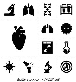 Biology icons. set of 13 editable filled biology icons such as test tube, microscope, heart organ, lungs, bacteria, x ray, dna, microorganism