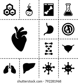 Biology icons. set of 13 editable filled biology icons such as stomach, bladder, bacteria, dna, microorganism, test tube, chemical structure, liver, heart organ, lungs