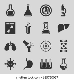 Biology icons set. set of 16 biology filled icons such as stomach, liver, lungs, bacteria, x ray, heart test tube, test tube, dna, broken leg or arm, microorganism