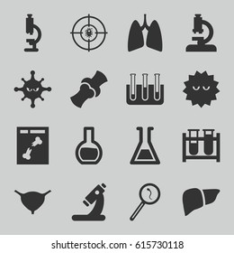 Biology icons set. set of 16 biology filled icons such as test tube, microscope, liver, bladder, bone, bacteria, x ray, search sperm, dna