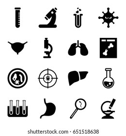 Biology icons set. set of 16 biology filled icons such as microscope, stomach, liver, lungs, bladder, bacteria, x ray, heart test tube, test tube, search sperm, dna