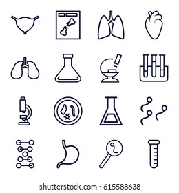 Biology icons set. set of 16 biology outline icons such as stomach, heart organ, lungs, bladder, x ray, microscope, test tube, search sperm, sperm, dna