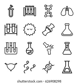 Biology icons set. set of 16 biology outline icons such as test tube, lungs, bladder, bone, bacteria, heart test tube, dna, sperm