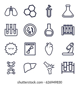 Biology icons set. set of 16 biology outline icons such as test tube, microscope, liver, heart organ, lungs, bacteria, x ray, heart test tube, broken leg or arm, dna