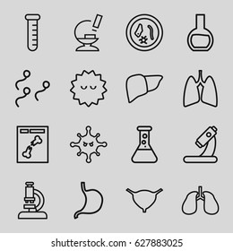 Biology icons set. set of 16 biology outline icons such as microscope, stomach, liver, lungs, bladder, bacteria, x ray, sperm, test tube