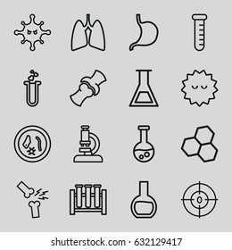 Biology icons set. set of 16 biology outline icons such as stomach, bone, bacteria, heart test tube, dna, lungs, broken leg or arm, test tube, microorganism, microscope