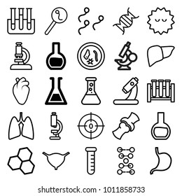 Biology icons. set of 25 editable outline biology icons such as test tube, microscope, chemical structure, stomach, liver, heart organ, bladder, bone, bacteria, dna